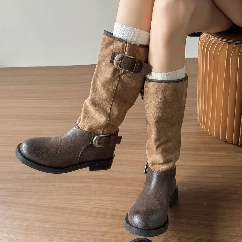 Brown and Tan below Knee-High Boots
